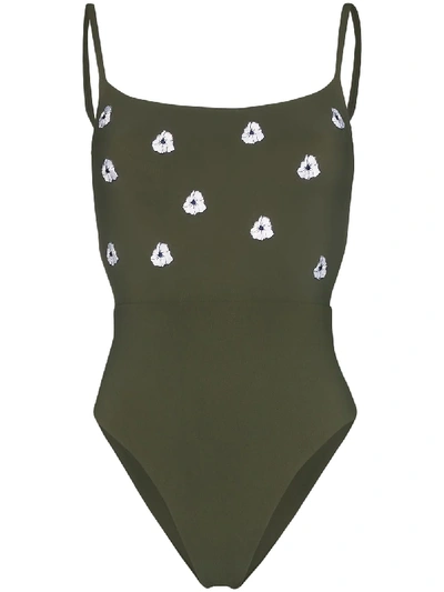 Anemone Narcissus Floral Embroidered Swimsuit In Green