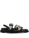 Toga Sandales Plates En Cuir Noir Avec Détails Métallisés In Black