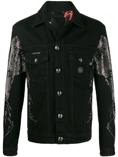 Philipp Plein Psychosocial Skull-embellished Denim Jacket In Black