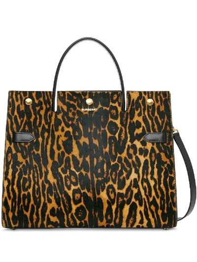 Burberry Medium Leopard Print Calf Hair And Leather Title Bag In Black