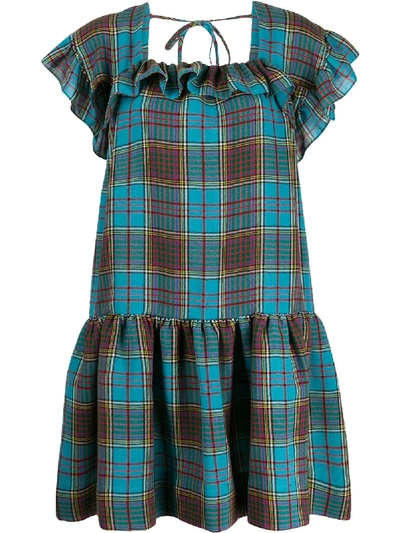 Pushbutton Check Flared Mini Dress In Blue