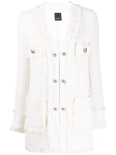 Pinko Longline Frayed Trim Tweed Blazer In White