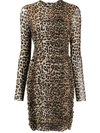Ganni Ruched Leopard-print Stretch-mesh Mini Dress In Brown