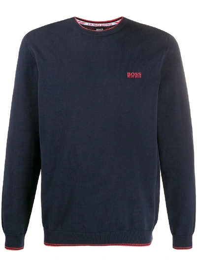 Hugo Boss Logo Print Crew Neck Jumper In Blue