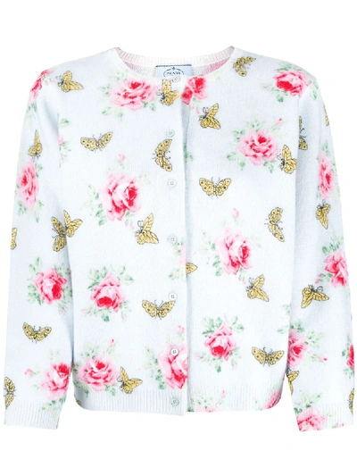 Prada Rose And Butterfly-print Cardigan In 蓝色