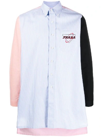 Prada Panelled Striped Long Shirt In 蓝色