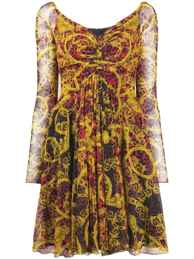Versace Jeans Couture Ruched Baroque Dress In Yellow