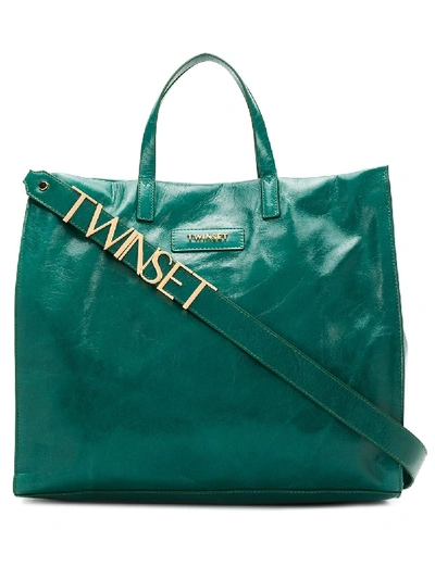 Twinset Logo Patch Cracked-effect Tote In Green