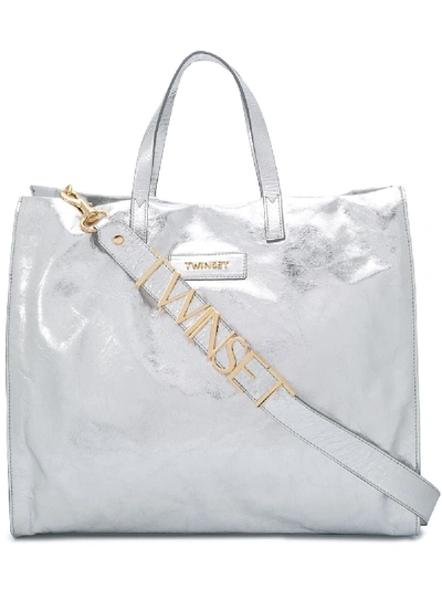 Twinset Logo Patch Cracked-effect Tote In Silver