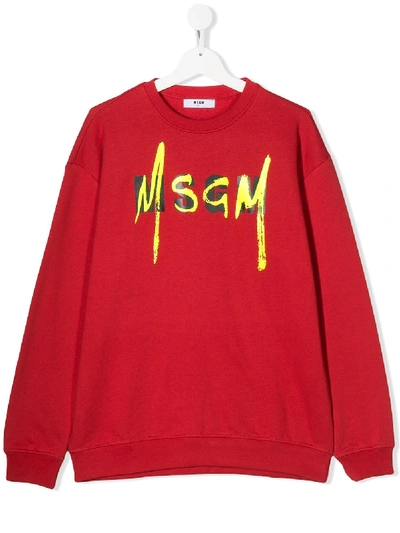 Msgm Teen Logo Print Cotton Sweatshirt In Red