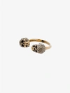 Alexander Mcqueen Woman Double-skull Ring With Crystals In Gold