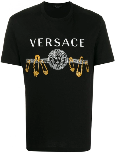 Versace T-shirt In Cotone Con Stampa-logo In Black,gold