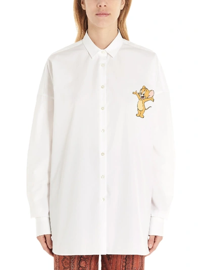 Etro Mouse Print Long Cotton Poplin Shirt In White