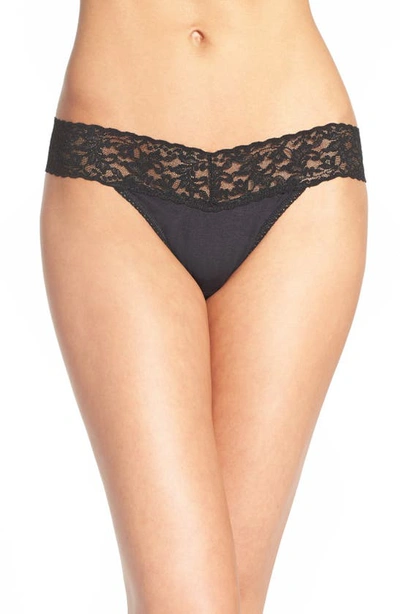 Hanky Panky Organic Cotton Original-rise Lace-waist Thong 891801 In Black