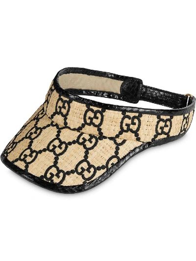 Gucci Afraa Genuine Snakeskin Trim Gg Embroidered Raffia Visor - Ivory In Neutrals