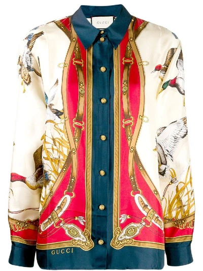 Gucci Multicolor Women's Multicolored Bird Print Shirt In Neutrals