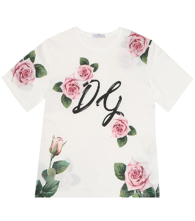 Dolce & Gabbana Kids' 玫瑰印花纯棉平纹针织t恤 In Bianco