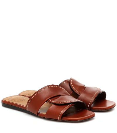 Chloé Candice Topstitched Leather Slides In Sepia Brown