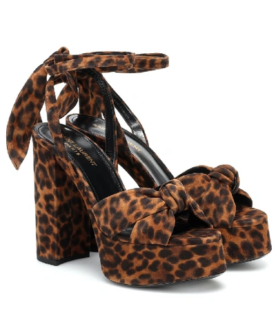 Saint Laurent Bianca Knotted Leopard Suede Platform Sandals In Oro