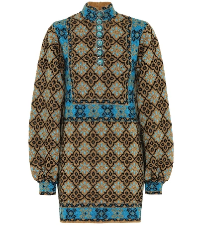 Gucci Full-sleeve High-neck Wool Dress With Enameled Buttons In Brown