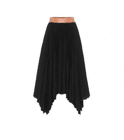 Loewe Asymmetric Leather-trimmed Crepe And Satin Midi Skirt In Black