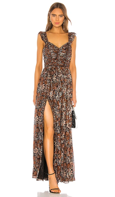 Ulla Johnson Evianna Printed Ruffle Gown W/ Slit In Umber