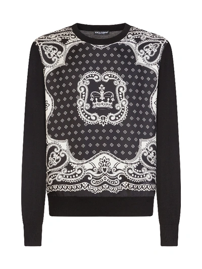 Dolce & Gabbana Crew Neck Wool And Silk Sweater In Bandana Print In Black,white