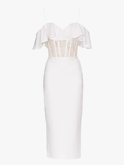 Rasario Ruffled Crepe, Lace And Tulle Midi Dress In White