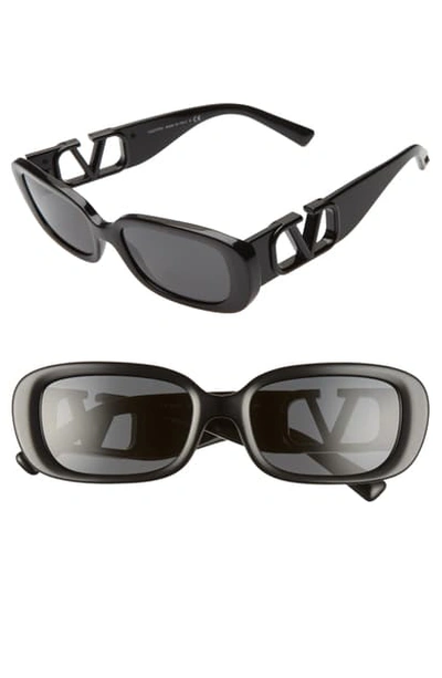 Valentino Oval Acetate Sunglasses W/ V Temples In Black/ Smoke Solid