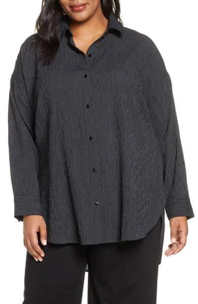 Eileen Fisher Stripe Organic Cotton & Tencel Lyocell Shirt In Black