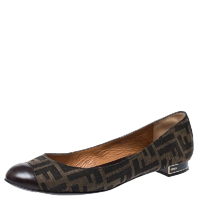 Pre-owned Fendi Brown Zucca Canvas And Leather Cap Toe Ballet Flats Size 40