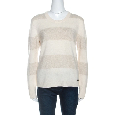 Pre-owned Burberry Cream Cashmere Knit Metallic Weave Detail Striped Jumper L