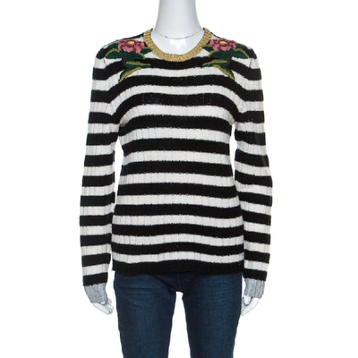 Pre-owned Gucci Monochrome Striped Knit Floral Embroidered Applique Sweater M In Black