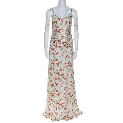 Pre-owned Dolce & Gabbana Dolce And Gabanna White Cherry Print Ruched Detail Sleeveless Dress M