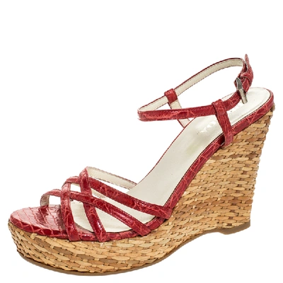 Pre-owned Prada Red Croc Embossed Leather And Rattan Basket Weave Wedge Sandals Size 37