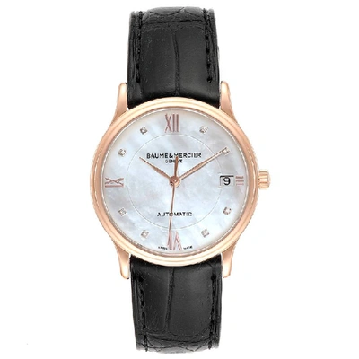 Pre-owned Baume & Mercier Mop Diamond 18k Rose Gold And Leather Classima 10077 Women's Wristwatch 33mm In White