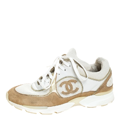 Pre-owned Chanel White/beige Leather, Suede And Canvas Cc Logo Lace Up Sneakers Size 37