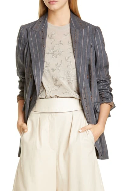 Brunello Cucinelli Pinstriped Sequin Embroidered Blazer In Grey