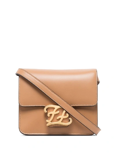 Fendi Small Karligraphy Leather Shoulder Bag In Beige,brown