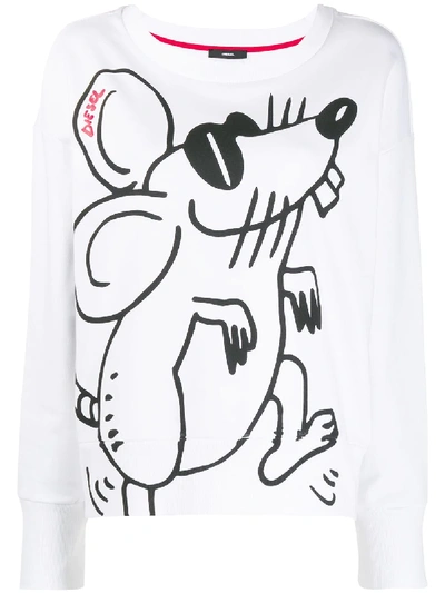 Diesel Mouse Print Crew Neck Sweatshirt In White