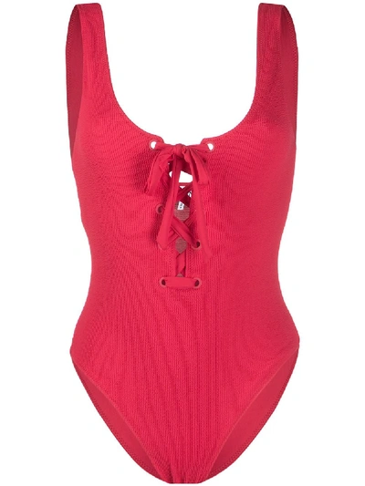 Ganni Lace-up Stretch-seersucker Swimsuit In Red