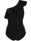 Isabel Marant Ruffle-trim One-shoulder Swimsuit In Black