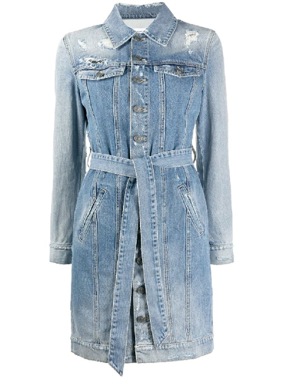 Givenchy Logo Belt Long Sleeve Distressed Denim Shirtdress In Blue