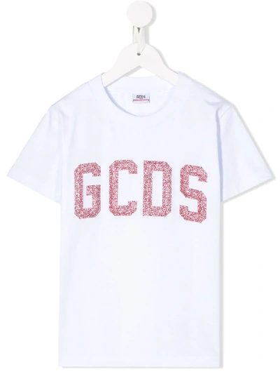 Gcds Kids' Glitter Logo Printed T-shirt Dress In White