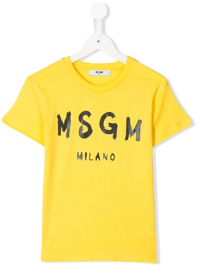 Msgm Kids' Short Sleeve Logo Print T-shirt In Yellow