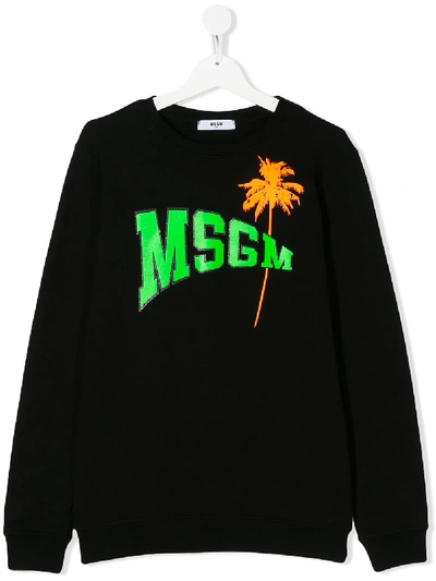 Msgm Kids' Long Sleeve Palm Tree Logo Jumper In Nero