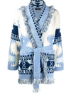 Alanui Belted Fringed Cashmere Jacquard-knit Cardigan In Chinchilla