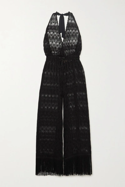 Missoni Mare Cropped Fringed Metallic Crochet-knit Halterneck Jumpsuit In Black
