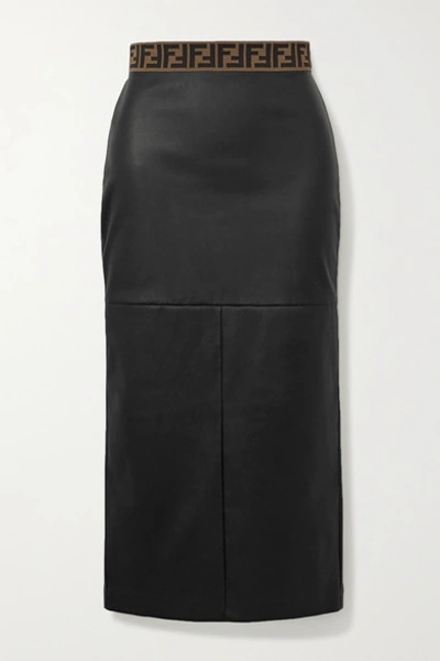 Fendi Jacquard-trimmed Leather Midi Skirt In Black