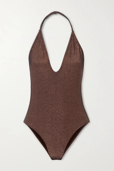 Zimmermann Kirra Metallic Halterneck Swimsuit In Bronze